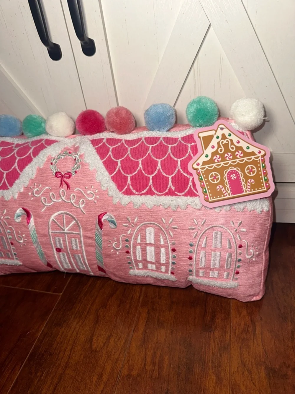 Festive Pink Gingerbread House Decorative Holiday Pillow